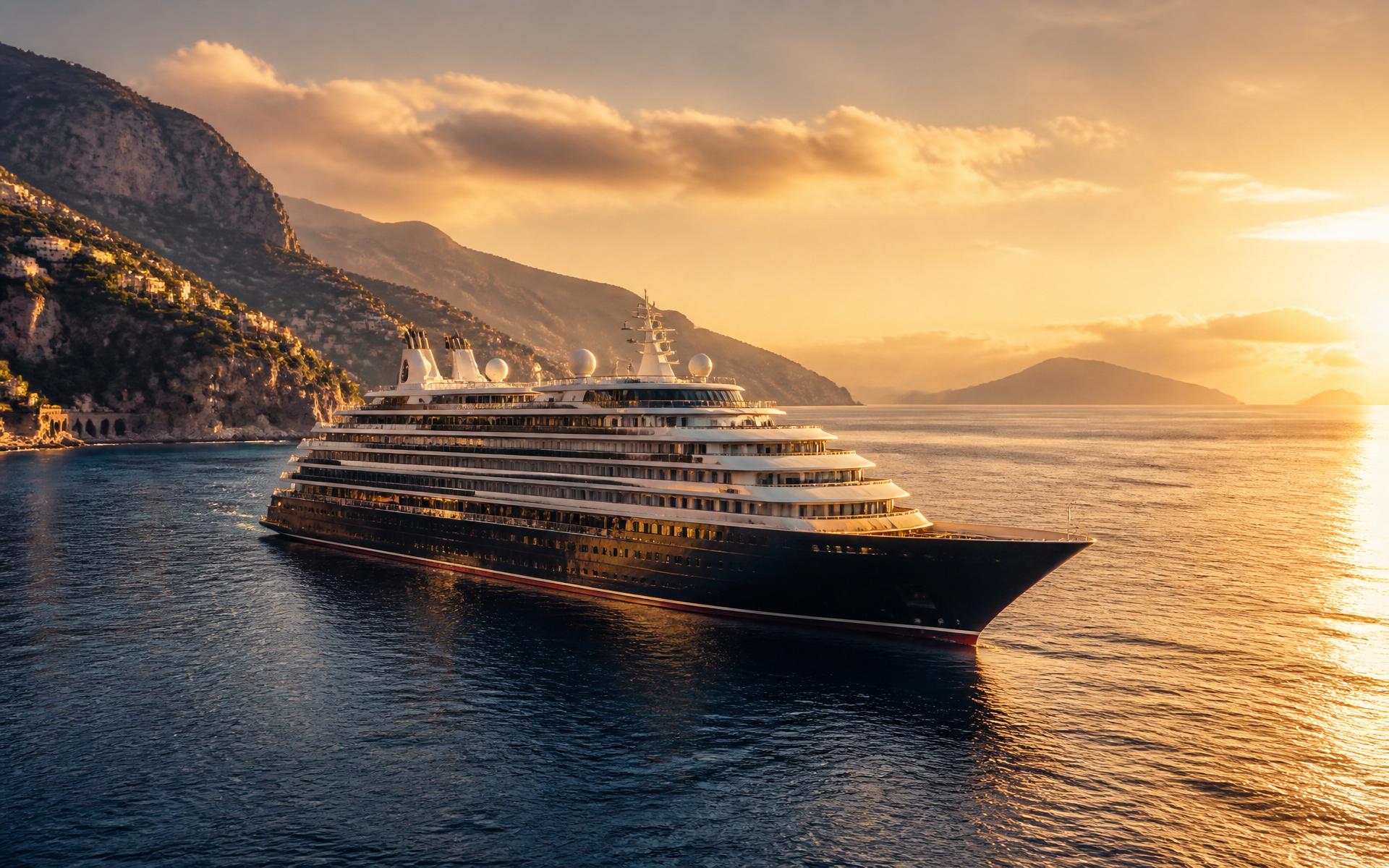 Luxury ocean cruise ship gliding through Mediterranean waters at golden hour